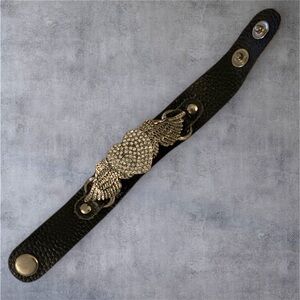 Black Leather Bracelet with Silver Heart and Wings